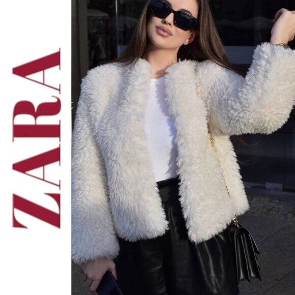 NWOT ZARA *BLOGGER FAVORITE* Faux Fur Fluffy White Snow Bunny Teddy Jacket Large - Picture 3 of 14